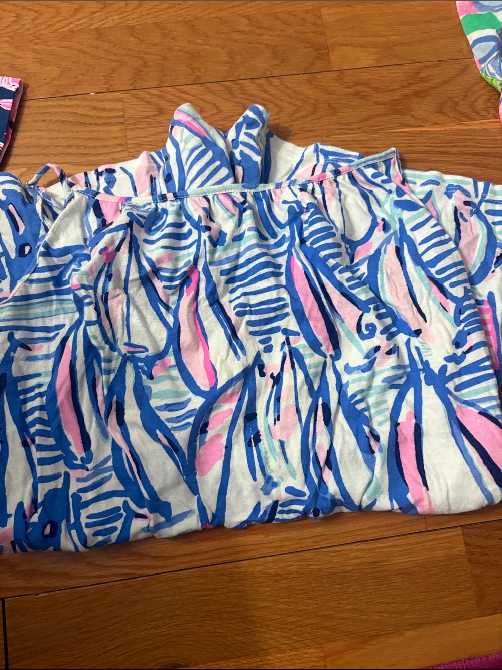 Blue & Pink Patterned OShoulder Rompher